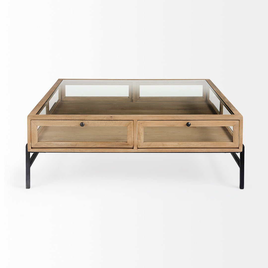 Arelius 42" Square Glass-Top Light Brown w/ Black Metal Base Display Coffee Table Living Room Mercana