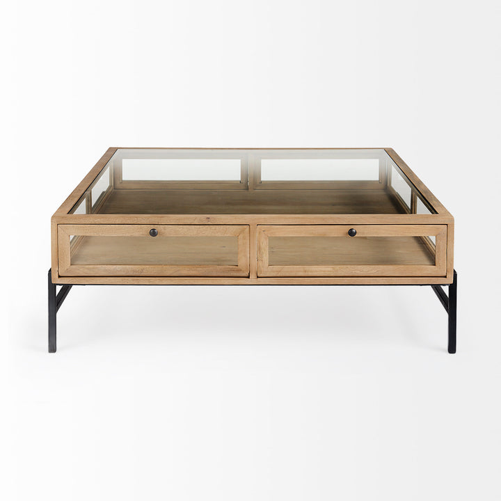 Arelius 42" Square Glass-Top Light Brown w/ Black Metal Base Display Coffee Table Living Room Mercana