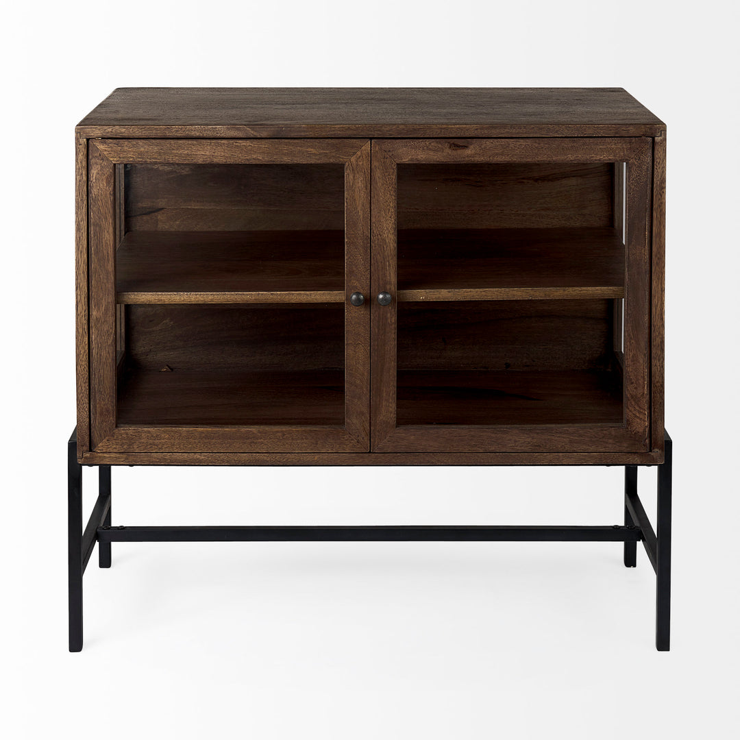 Arelius Medium Brown Wood, Black Metal Base w/ 2 Glass Doors Accent Cabinet Decor Mercana