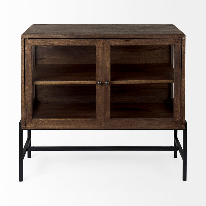 Arelius Medium Brown Wood, Black Metal Base w/ 2 Glass Doors Accent Cabinet Decor Mercana