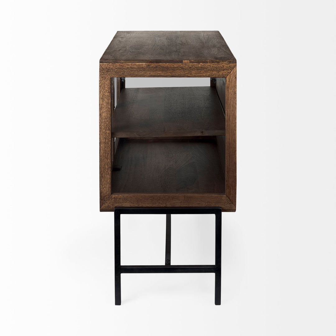 Arelius Medium Brown Wood, Black Metal Base w/ 2 Glass Doors Accent Cabinet Decor Mercana
