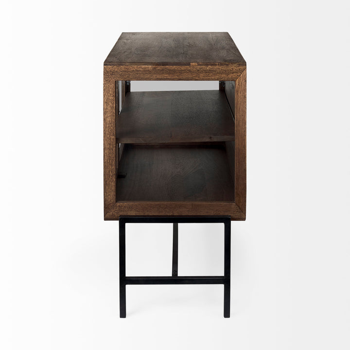Arelius Medium Brown Wood, Black Metal Base w/ 2 Glass Doors Accent Cabinet Decor Mercana