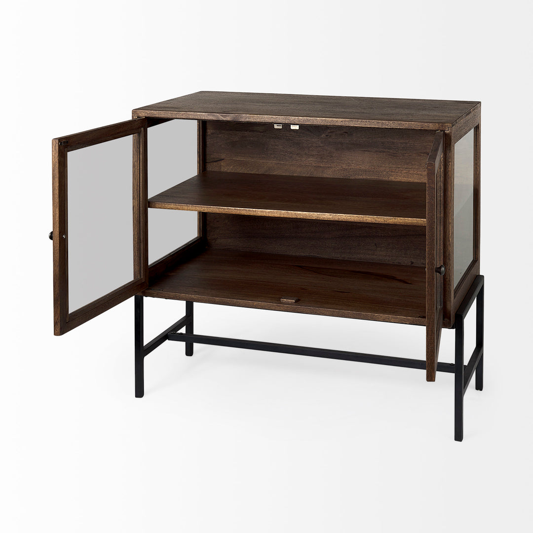 Arelius Medium Brown Wood, Black Metal Base w/ 2 Glass Doors Accent Cabinet Decor Mercana