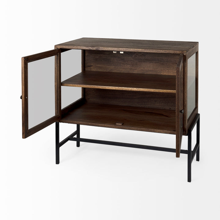Arelius Medium Brown Wood, Black Metal Base w/ 2 Glass Doors Accent Cabinet Decor Mercana