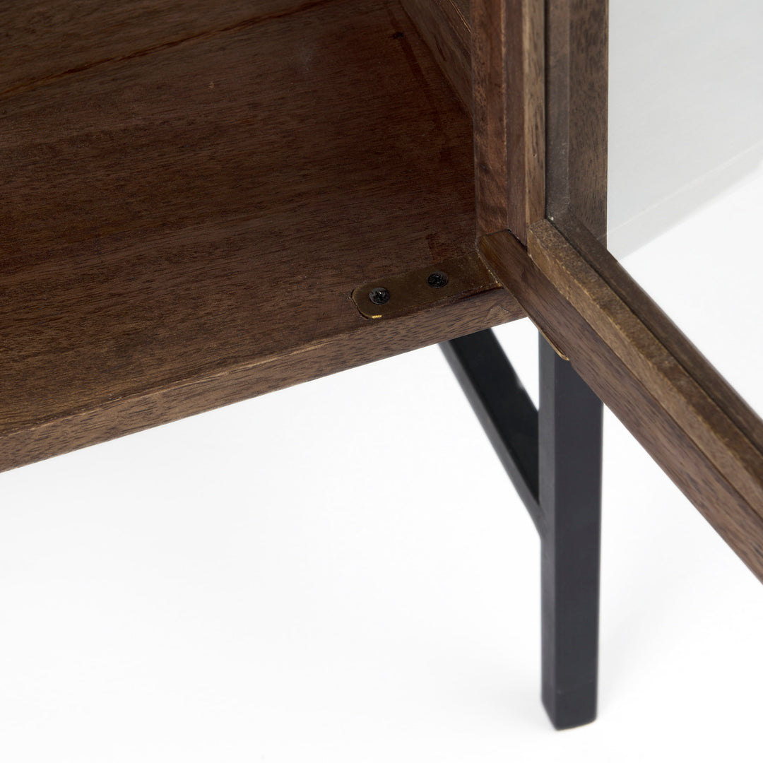 Arelius Medium Brown Wood, Black Metal Base w/ 2 Glass Doors Accent Cabinet Decor Mercana