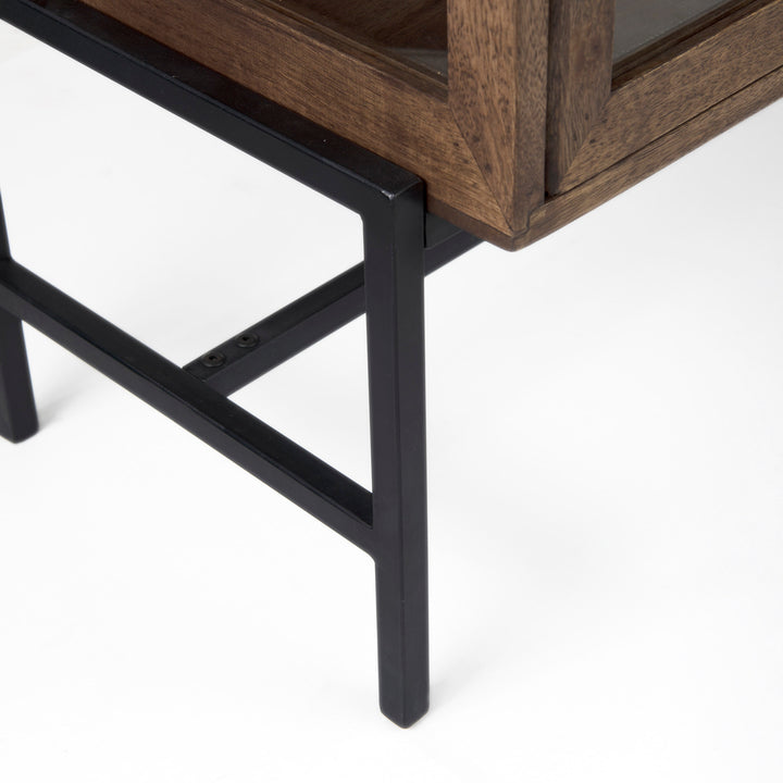 Arelius Medium Brown Wood, Black Metal Base w/ 2 Glass Doors Accent Cabinet Decor Mercana
