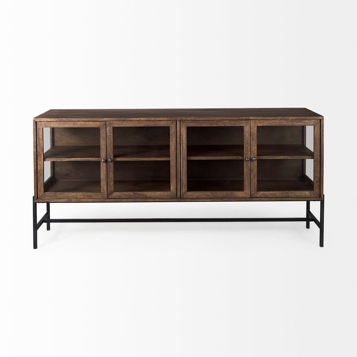 Arelius Medium Brown, Black Metal Base w/ 4 Glass Door Cabinets Sideboard Dining Room Mercana