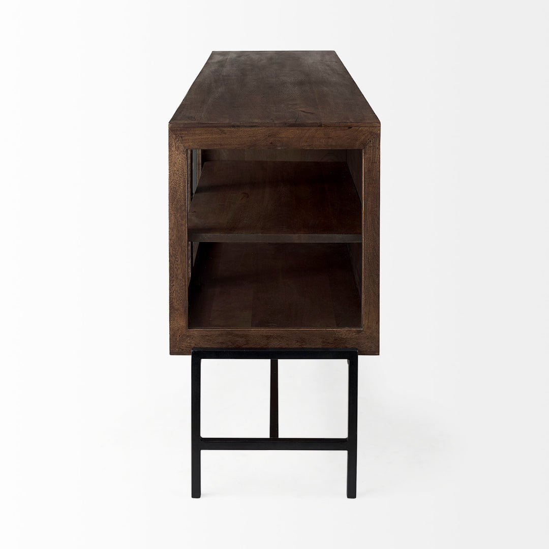 Arelius Medium Brown, Black Metal Base w/ 4 Glass Door Cabinets Sideboard Dining Room Mercana