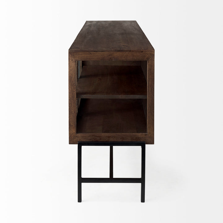 Arelius Medium Brown, Black Metal Base w/ 4 Glass Door Cabinets Sideboard Dining Room Mercana
