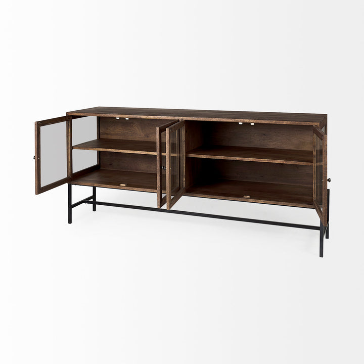 Arelius Medium Brown, Black Metal Base w/ 4 Glass Door Cabinets Sideboard Dining Room Mercana