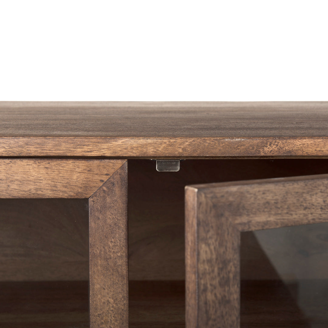 Arelius Medium Brown, Black Metal Base w/ 4 Glass Door Cabinets Sideboard Dining Room Mercana