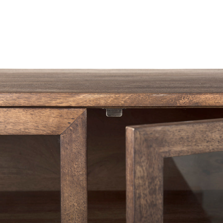 Arelius Medium Brown, Black Metal Base w/ 4 Glass Door Cabinets Sideboard Dining Room Mercana