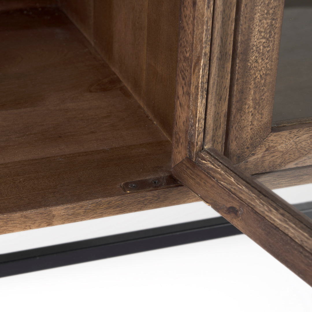 Arelius Medium Brown, Black Metal Base w/ 4 Glass Door Cabinets Sideboard Dining Room Mercana