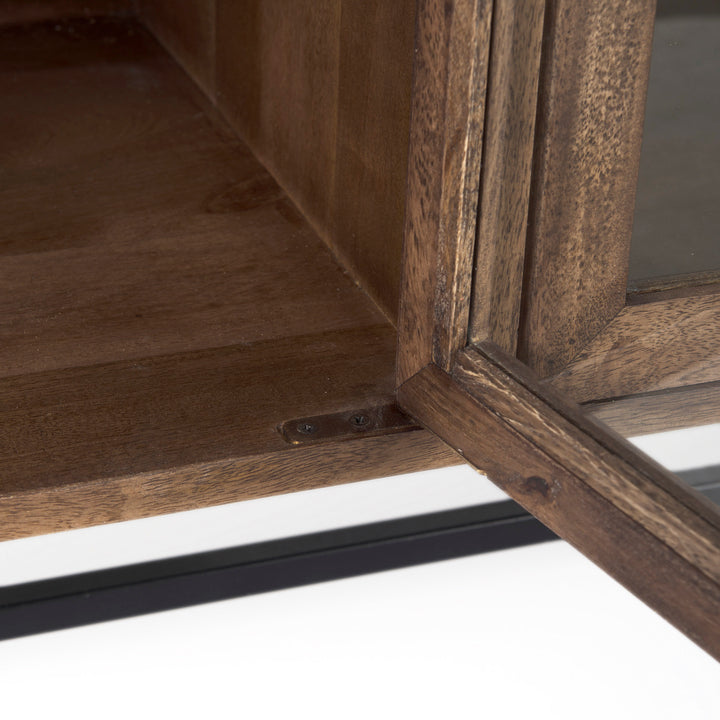 Arelius Medium Brown, Black Metal Base w/ 4 Glass Door Cabinets Sideboard Dining Room Mercana
