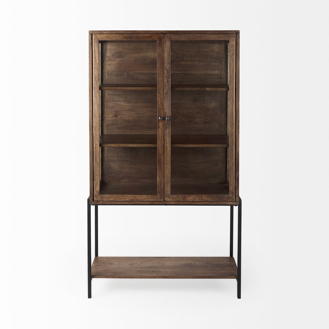 Arelius Medium Brown Wood W/ Black Metal Base Display Cabinet Living Room Mercana