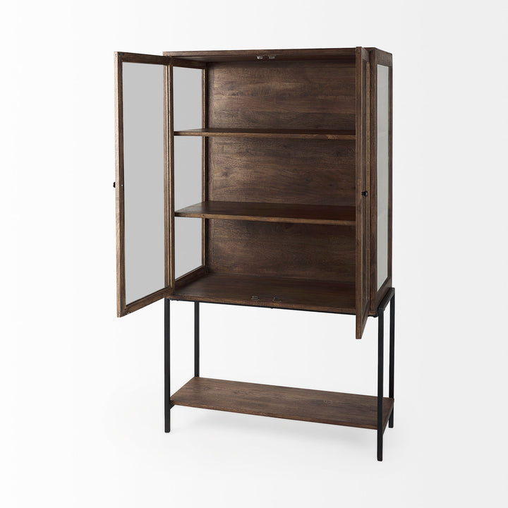 Arelius Medium Brown Wood W/ Black Metal Base Display Cabinet Living Room Mercana