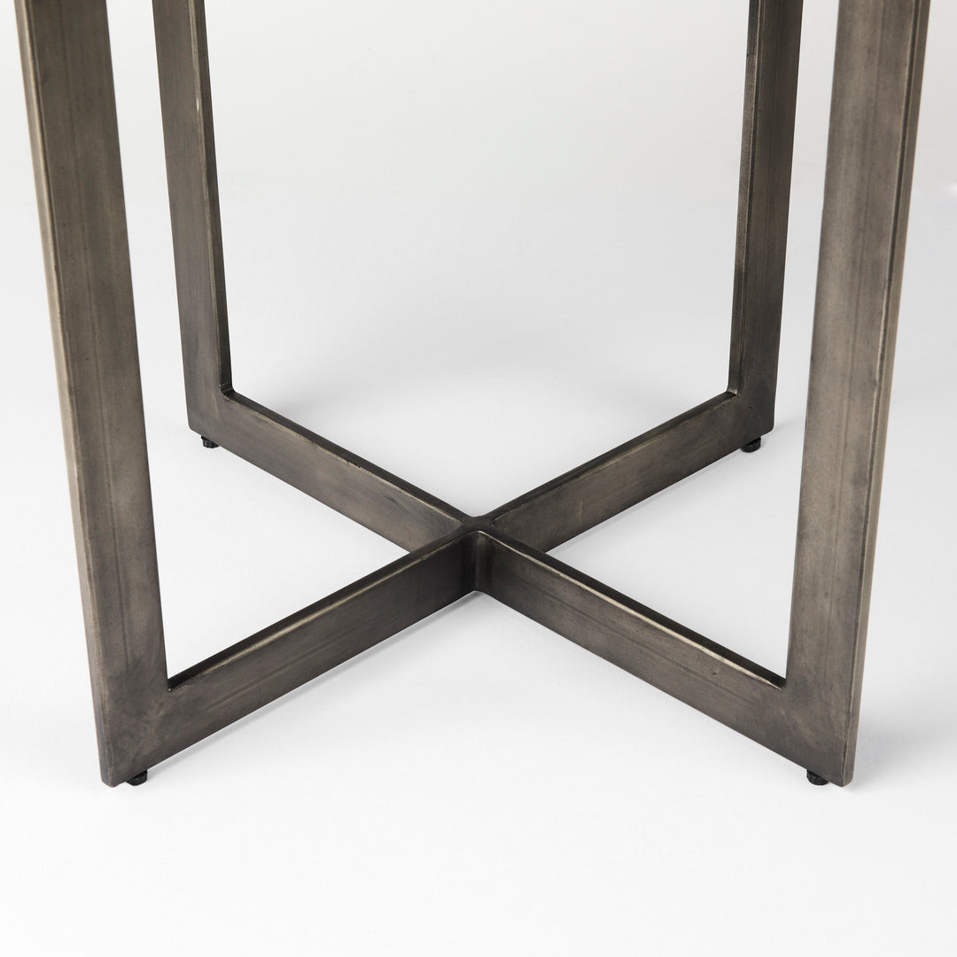 Faye I Medium Brown Wood W/Antique Nickel Metal Base Round Dining Table Dining Room Mercana