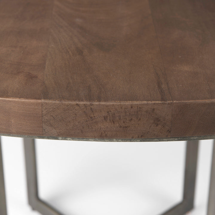 Faye I Medium Brown Wood W/Antique Nickel Metal Base Round Dining Table Dining Room Mercana