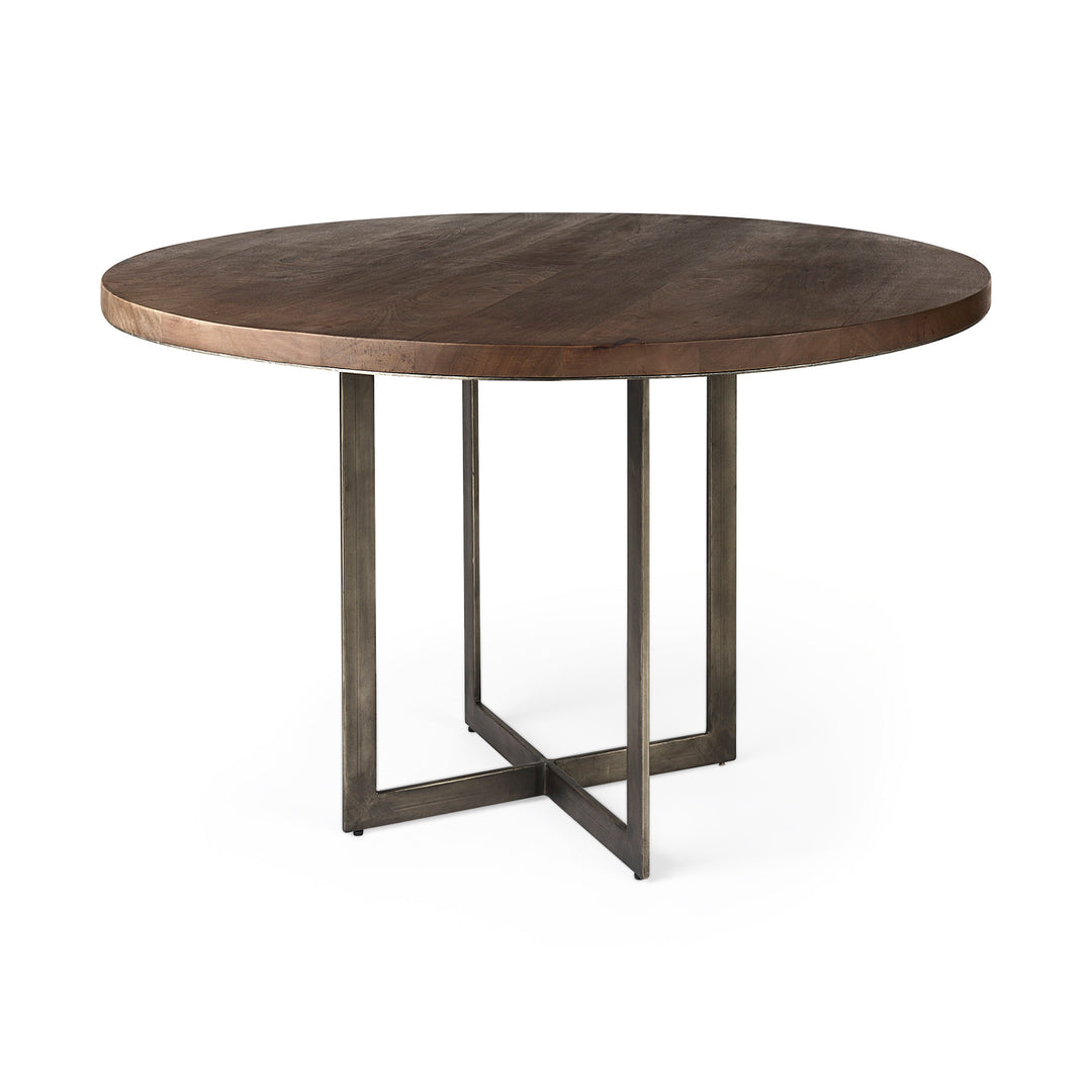 Faye I Medium Brown Wood W/Antique Nickel Metal Base Round Dining Table Dining Room Mercana