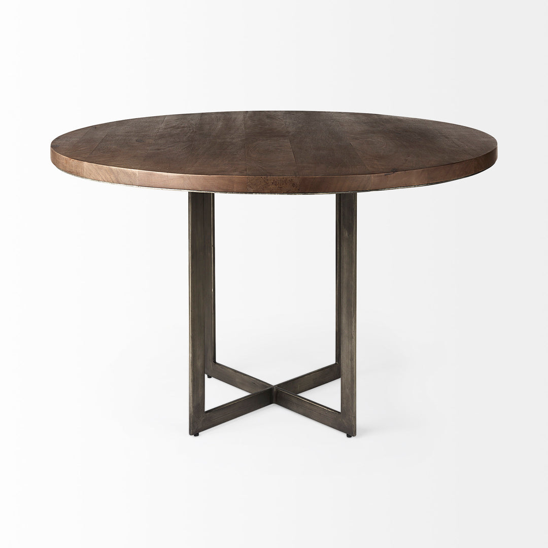 Faye I Medium Brown Wood W/Antique Nickel Metal Base Round Dining Table Dining Room Mercana