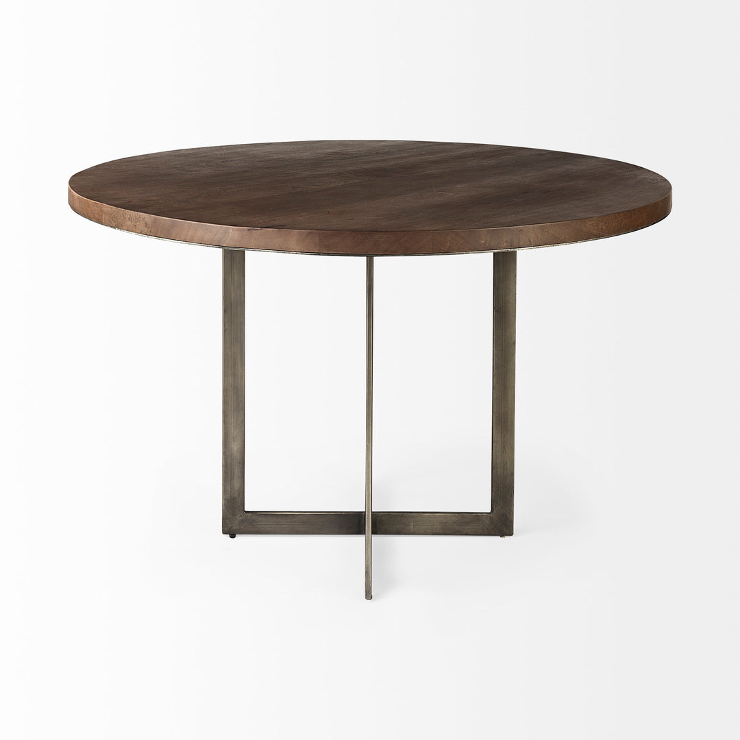 Faye I Medium Brown Wood W/Antique Nickel Metal Base Round Dining Table Dining Room Mercana