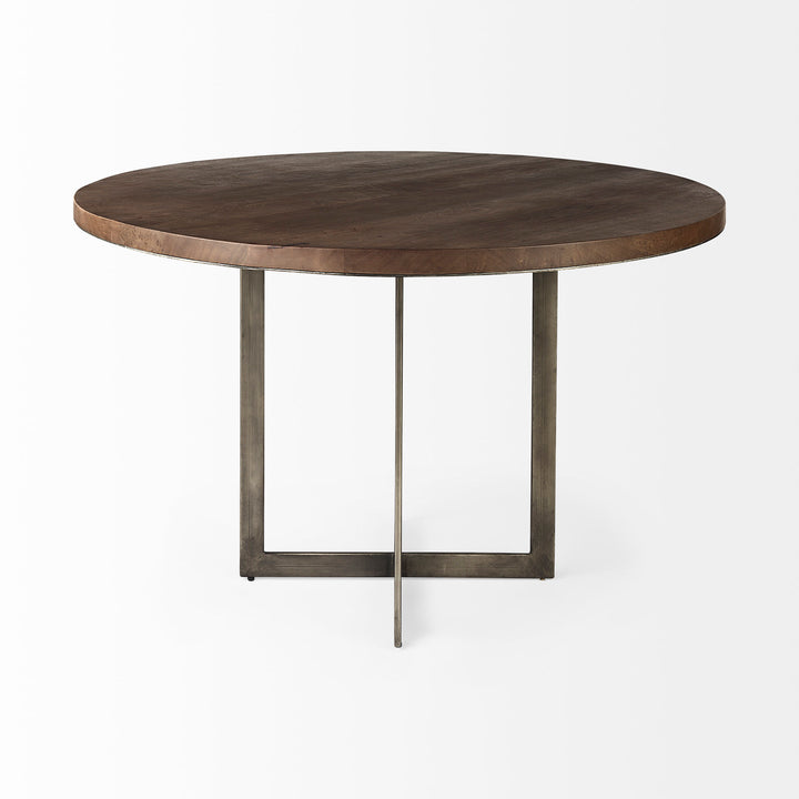 Faye I Medium Brown Wood W/Antique Nickel Metal Base Round Dining Table Dining Room Mercana