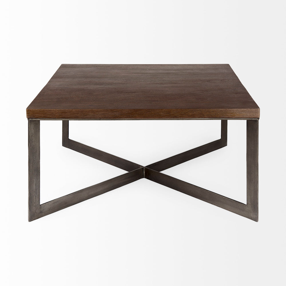 Faye Medium Brown Wood W/Antique Nickel Metal Base Square Coffee Table Living Room Mercana