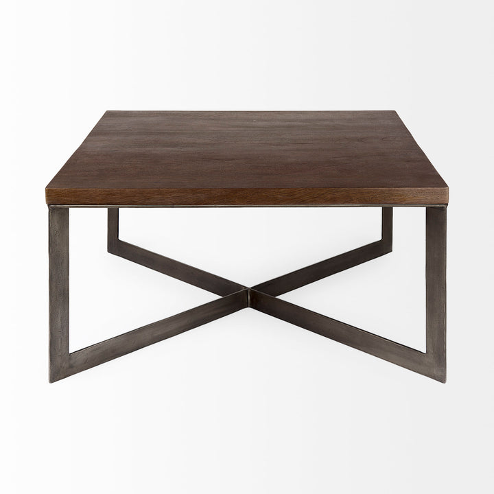 Faye Medium Brown Wood W/Antique Nickel Metal Base Square Coffee Table Living Room Mercana