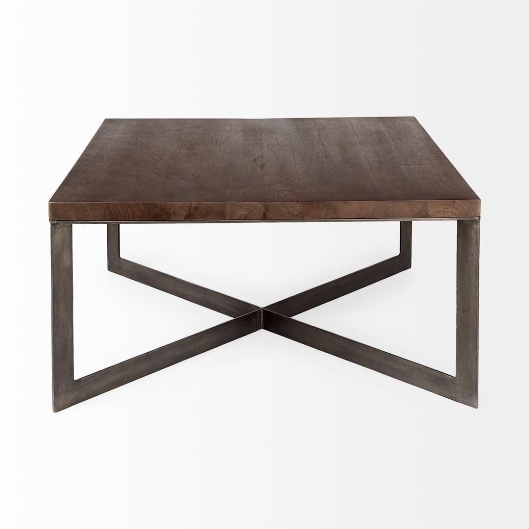 Faye Medium Brown Wood W/Antique Nickel Metal Base Square Coffee Table Living Room Mercana
