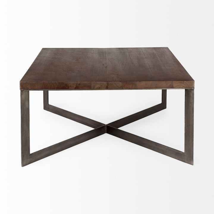 Faye Medium Brown Wood W/Antique Nickel Metal Base Square Coffee Table Living Room Mercana