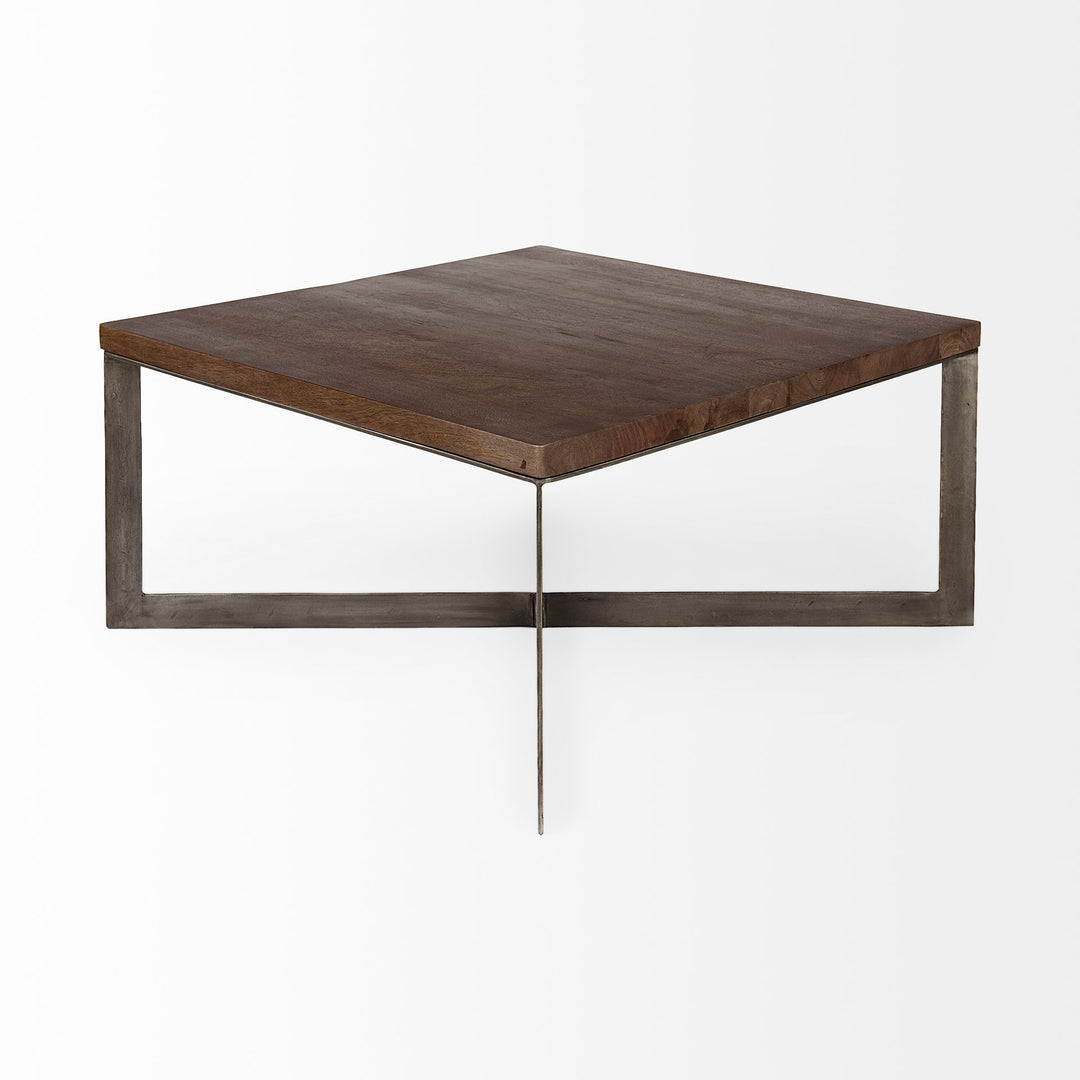 Faye Medium Brown Wood W/Antique Nickel Metal Base Square Coffee Table Living Room Mercana