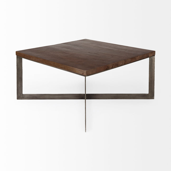 Faye Medium Brown Wood W/Antique Nickel Metal Base Square Coffee Table Living Room Mercana