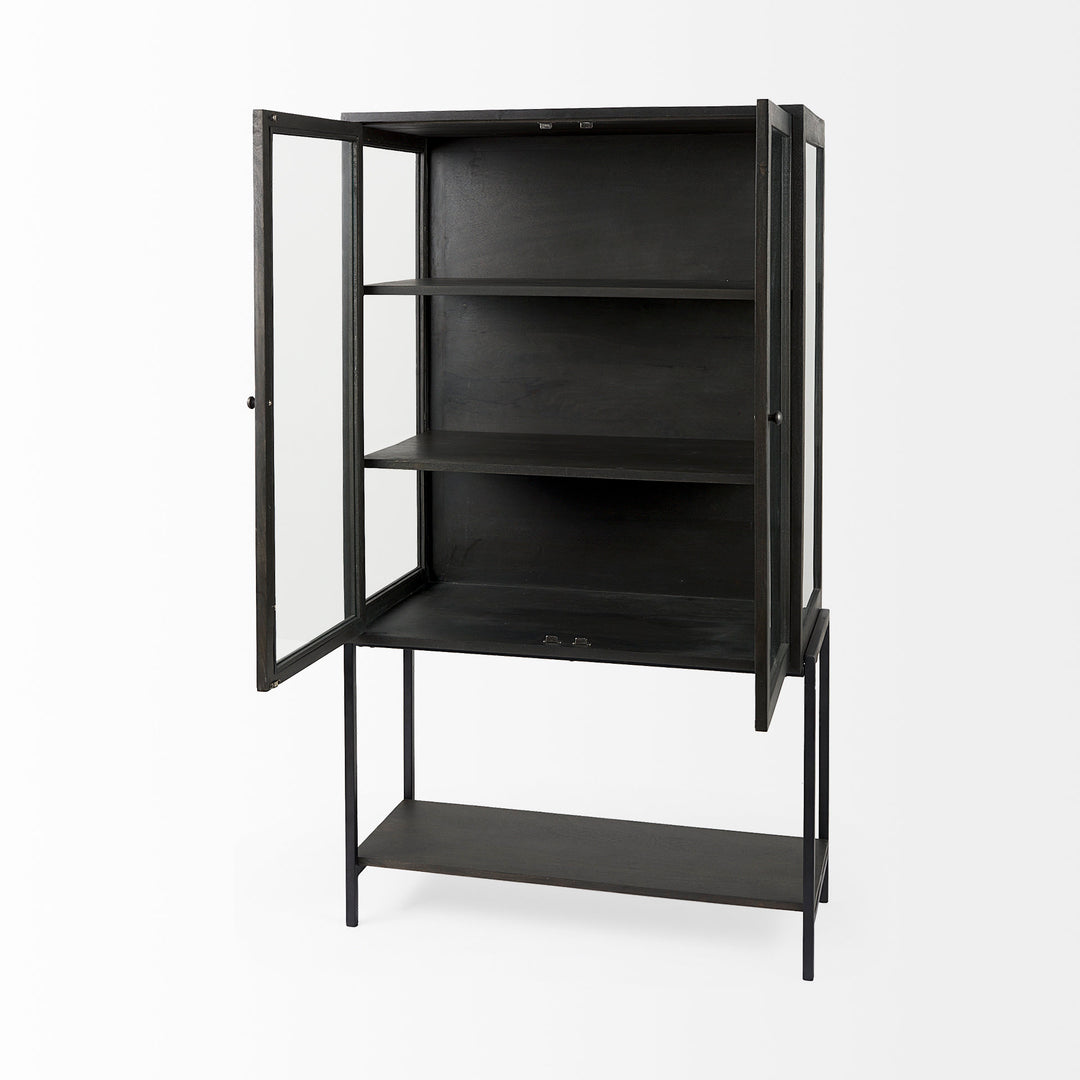 Arelius Black-Brown Wood W/ Black Metal Base Display Cabinet Living Room Mercana