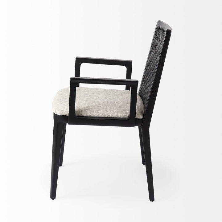 Clara Black Wood W/ Cream Fabric Seat and Cane Back Dining Chair Living Room Mercana