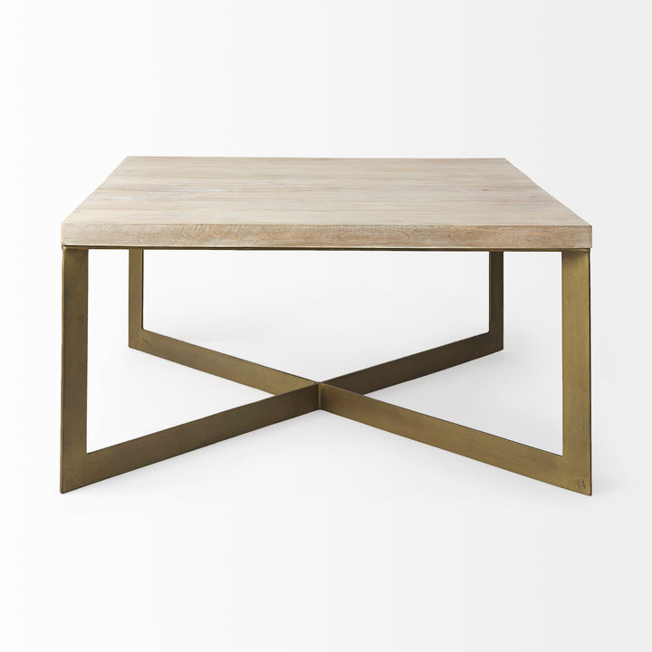 Faye Beige Finished Wood W/Gold Metal Base Square Coffee Table Living Room Mercana