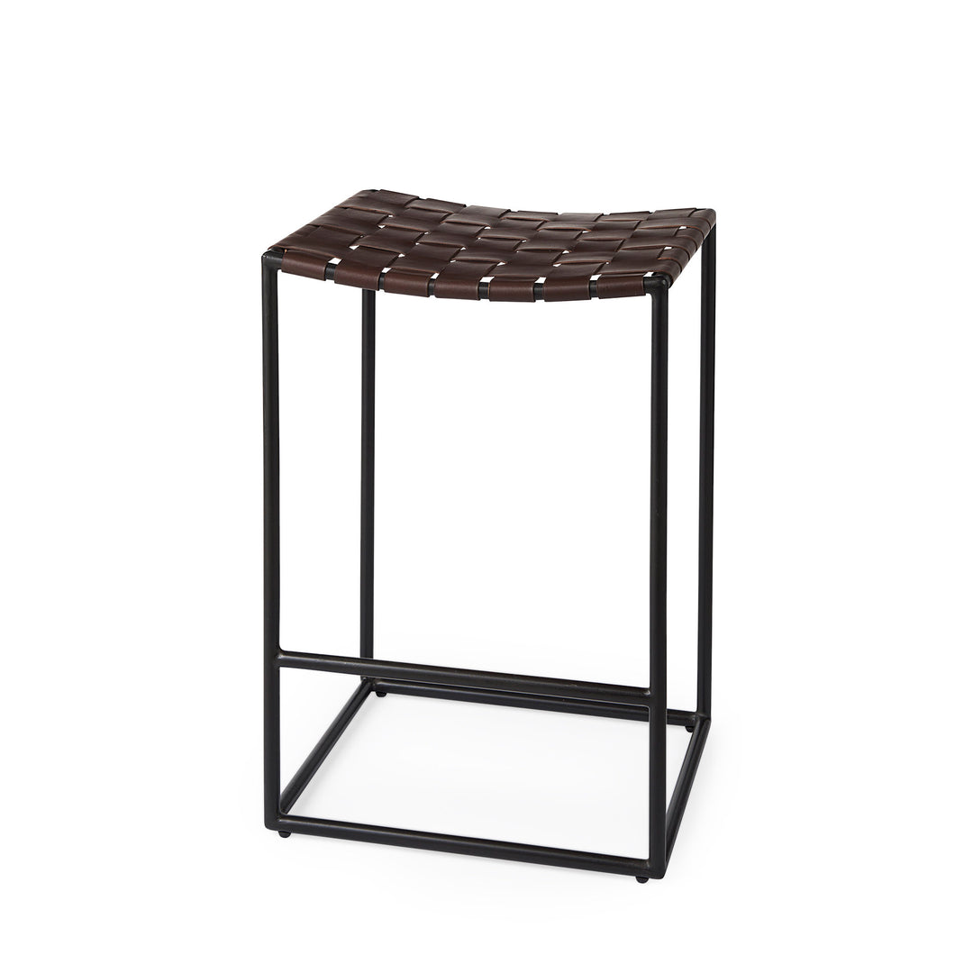 Clarissa Dark Brown Woven Leather Seat W/ Black Iron Frame Counter Stool Dining Room Mercana