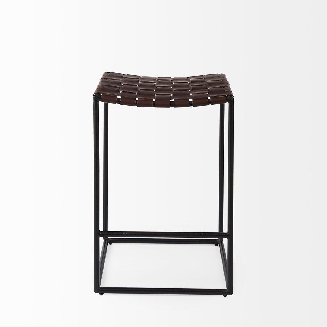 Clarissa Dark Brown Woven Leather Seat W/ Black Iron Frame Counter Stool Dining Room Mercana