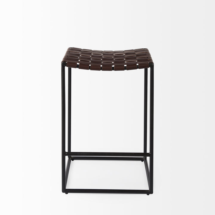 Clarissa Dark Brown Woven Leather Seat W/ Black Iron Frame Counter Stool Dining Room Mercana