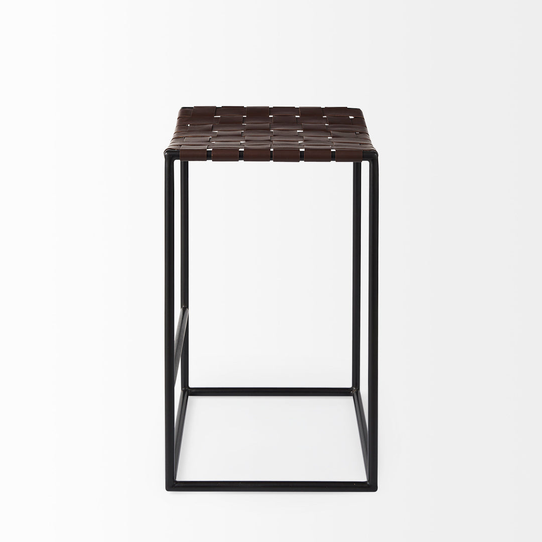 Clarissa Dark Brown Woven Leather Seat W/ Black Iron Frame Counter Stool Dining Room Mercana