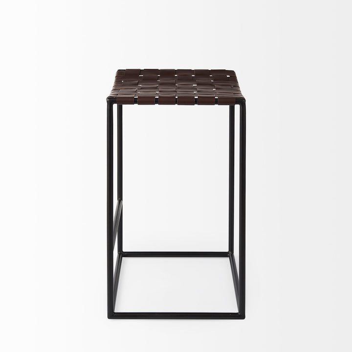 Clarissa Dark Brown Woven Leather Seat W/ Black Iron Frame Counter Stool Dining Room Mercana