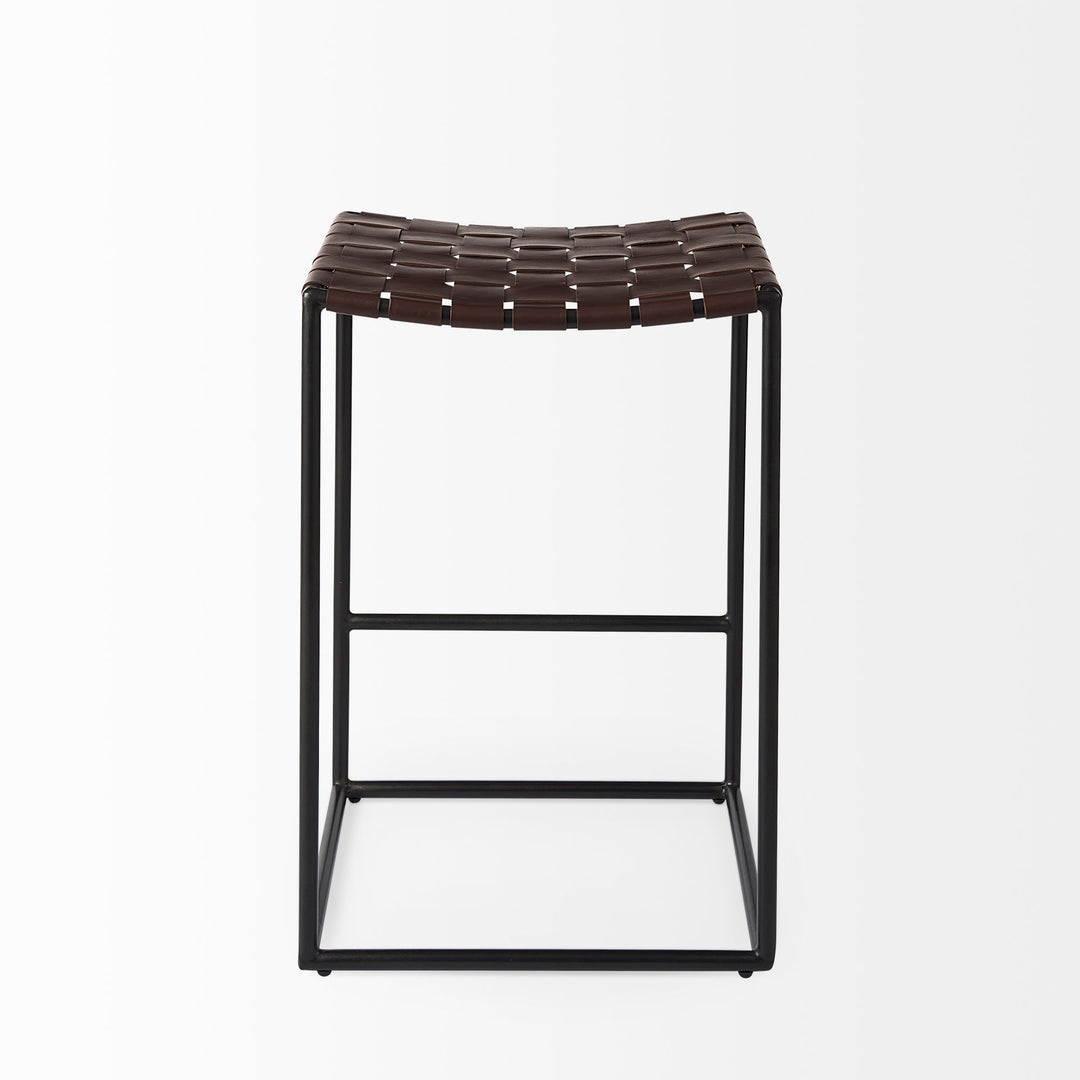 Clarissa Dark Brown Woven Leather Seat W/ Black Iron Frame Counter Stool Dining Room Mercana