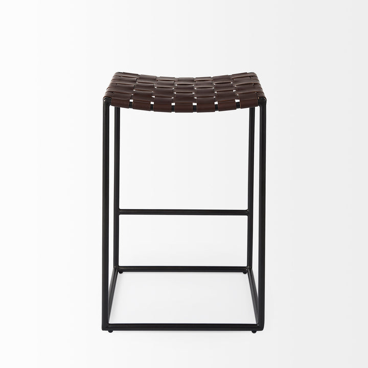 Clarissa Dark Brown Woven Leather Seat W/ Black Iron Frame Counter Stool Dining Room Mercana