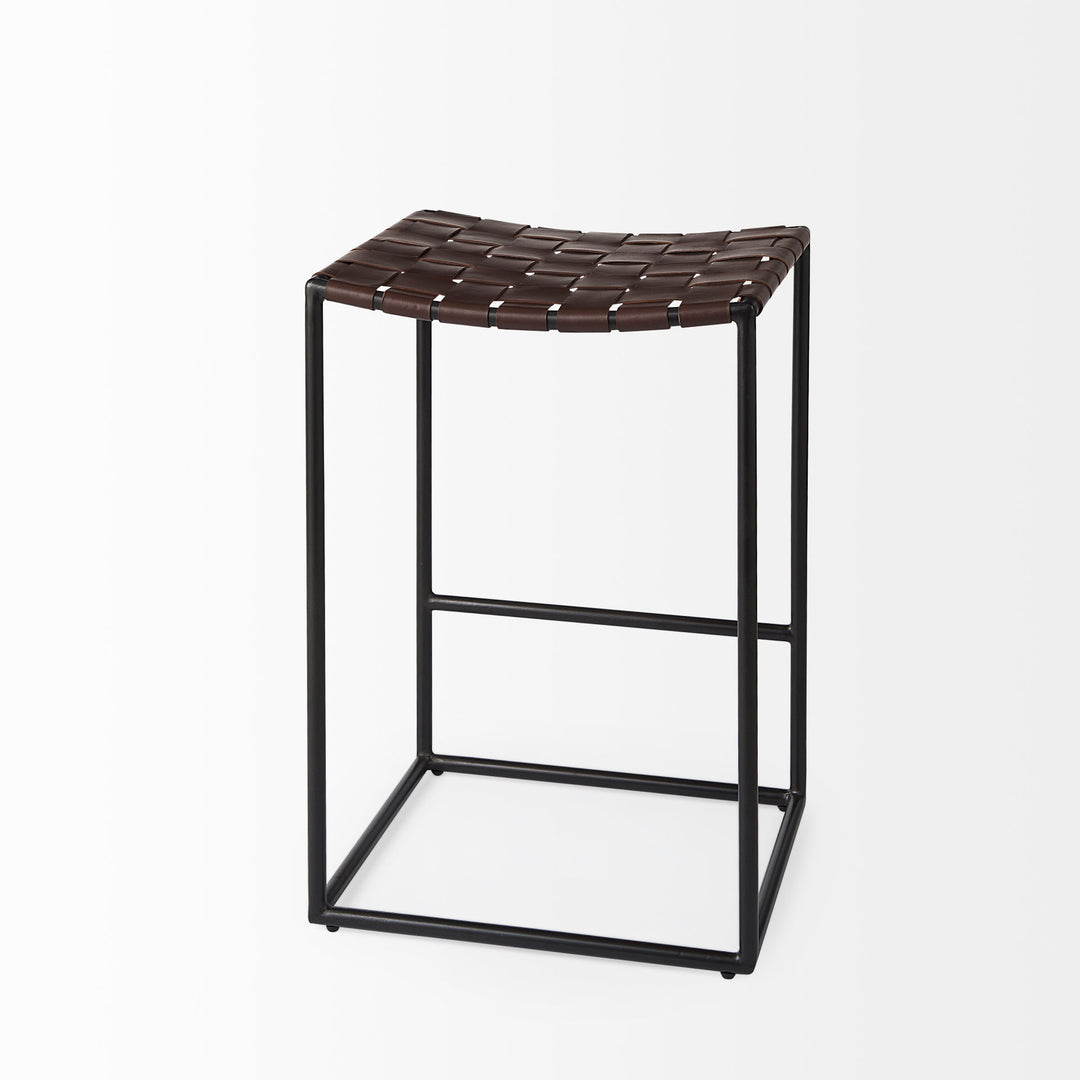 Clarissa Dark Brown Woven Leather Seat W/ Black Iron Frame Counter Stool Dining Room Mercana