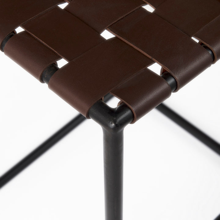 Clarissa Dark Brown Woven Leather Seat W/ Black Iron Frame Counter Stool Dining Room Mercana