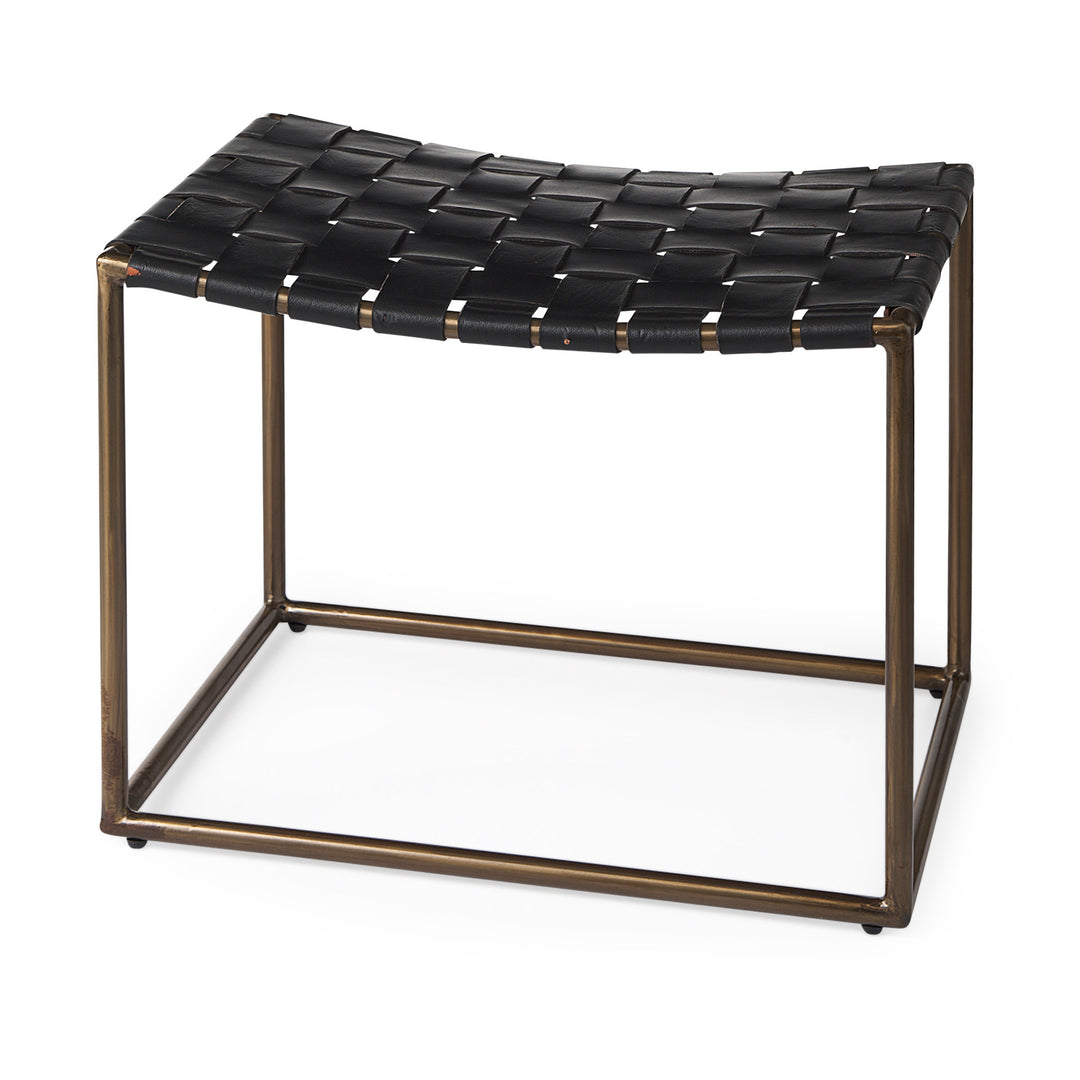 Clarissa Black Leather Woven Seat W/ Gold Metal Frame Stool Decor Mercana