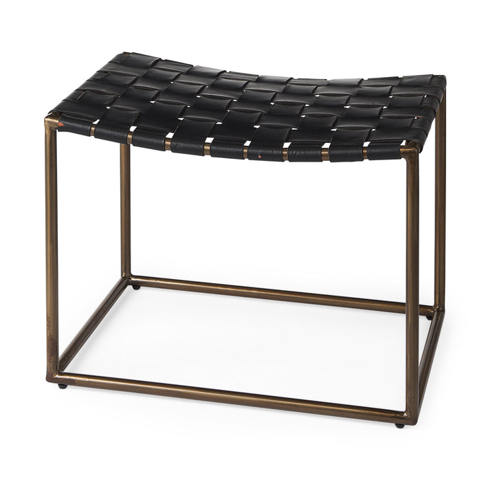 Clarissa Black Leather Woven Seat W/ Gold Metal Frame Stool Decor Mercana
