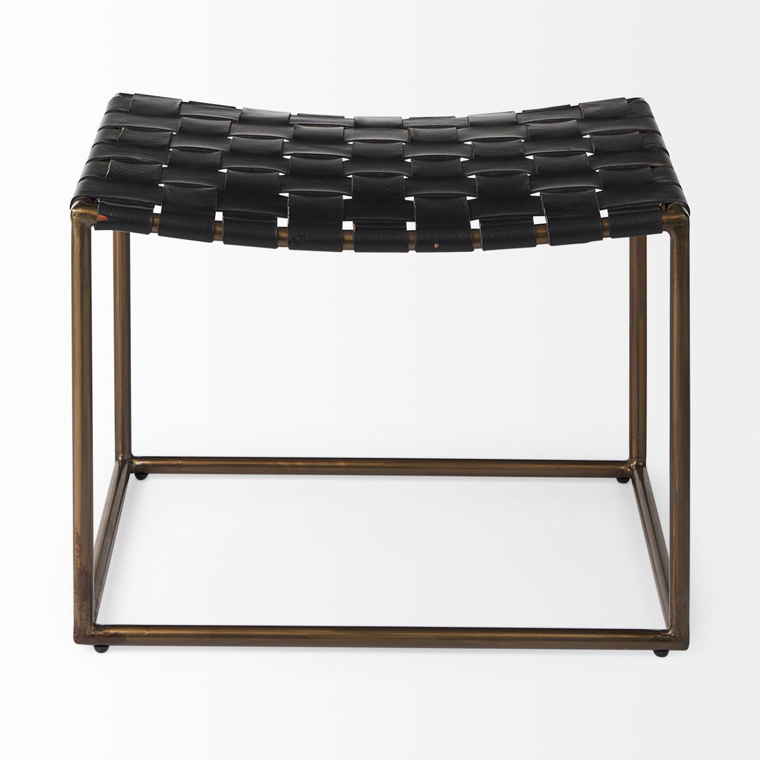 Clarissa Black Leather Woven Seat W/ Gold Metal Frame Stool Decor Mercana