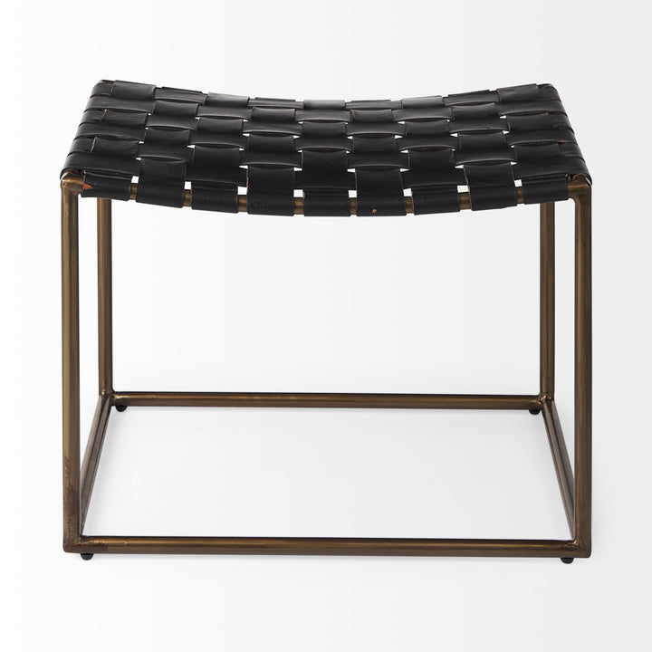 Clarissa Black Leather Woven Seat W/ Gold Metal Frame Stool Decor Mercana