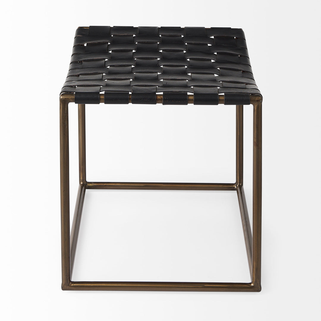 Clarissa Black Leather Woven Seat W/ Gold Metal Frame Stool Decor Mercana