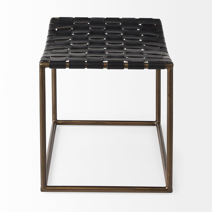 Clarissa Black Leather Woven Seat W/ Gold Metal Frame Stool Decor Mercana